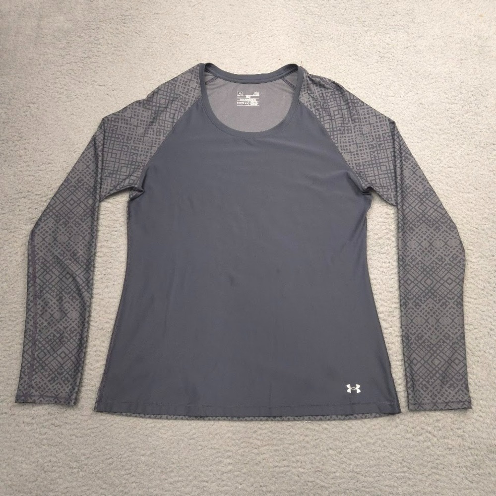 Under Armour HeatGear Fitted Long Sleeve Crew Top Womens Large Gray Geometric UA